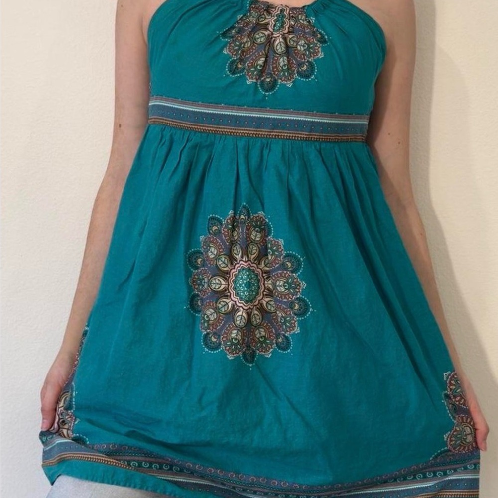 Y2K Teal Halter Top with Mandala Print